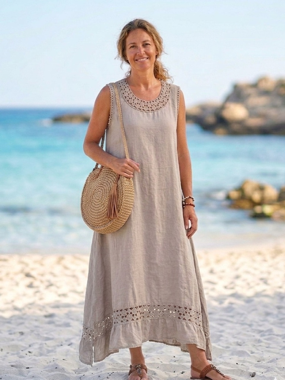 Sunflower 100% Linen Dress Italy Beach Lagenlook Natural Crochet Boho Maxi Large